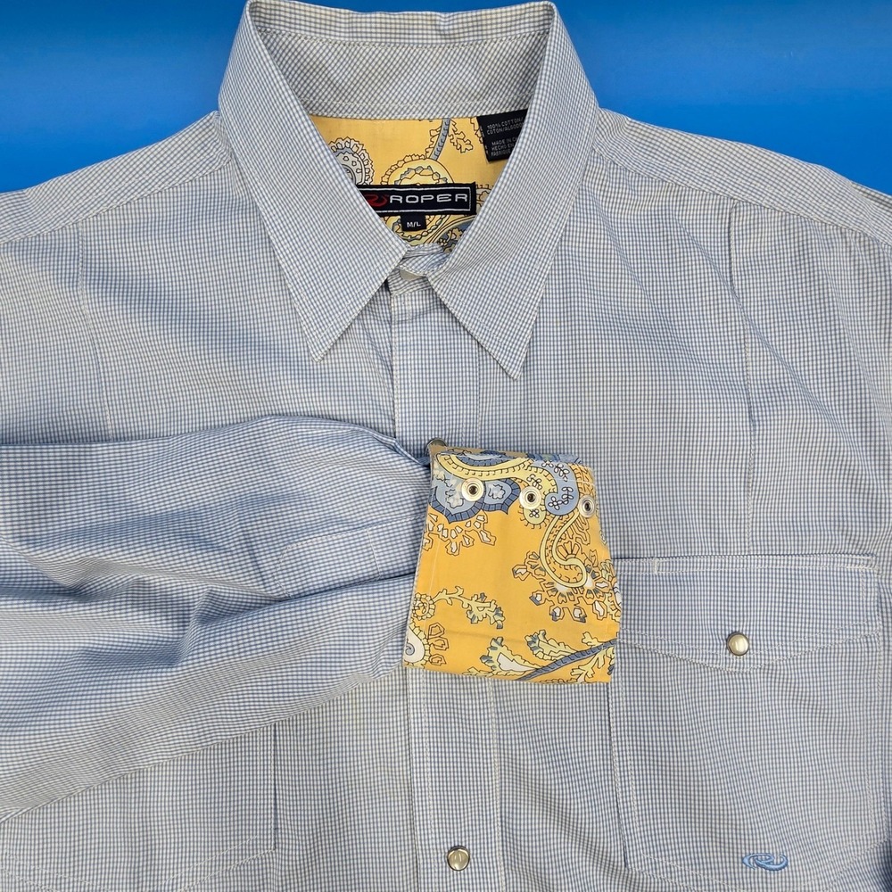 Roper Men's Blue Gingham Western Pearl Snap Shirt M/L Paisley Contrast Trim‎
